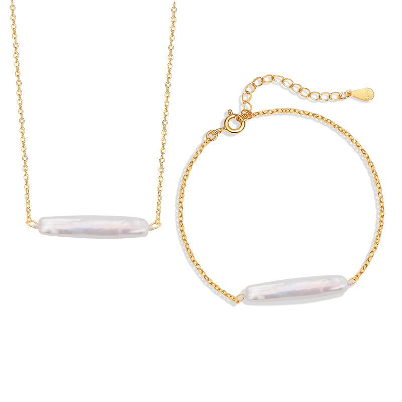 Square Silver Bar Sterling Silver 925 Necklace Niche Design Light Luxury Baroque Pearl Clavicle Chain Ins Style Pendant