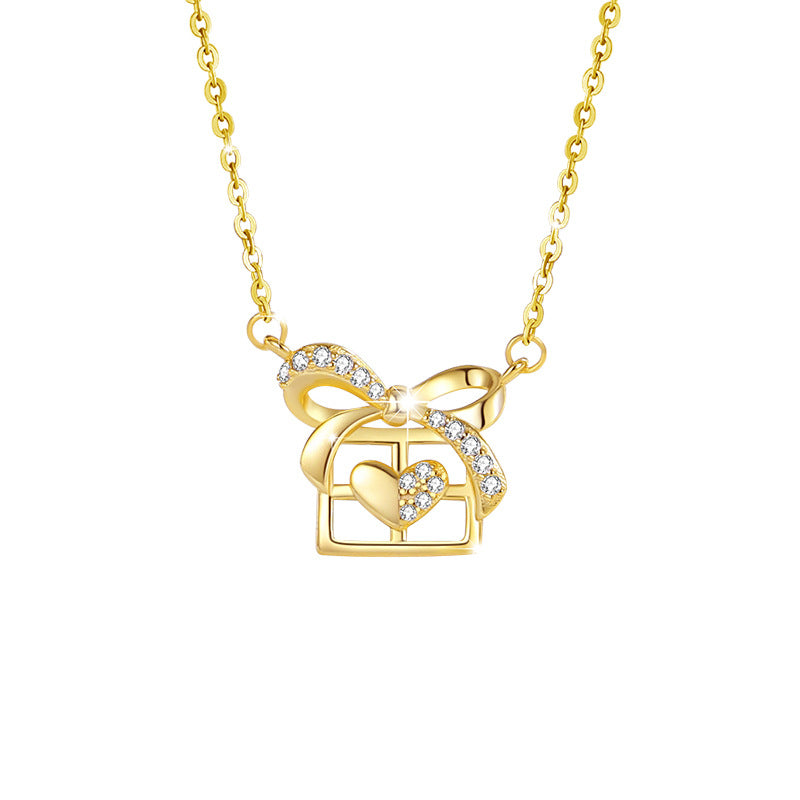 Bowknot Sterling Silver 925 Necklace Women's Fashion Versatile Square Sugar Clavicle Chain Qixi Gift Ins Style Love Pendant