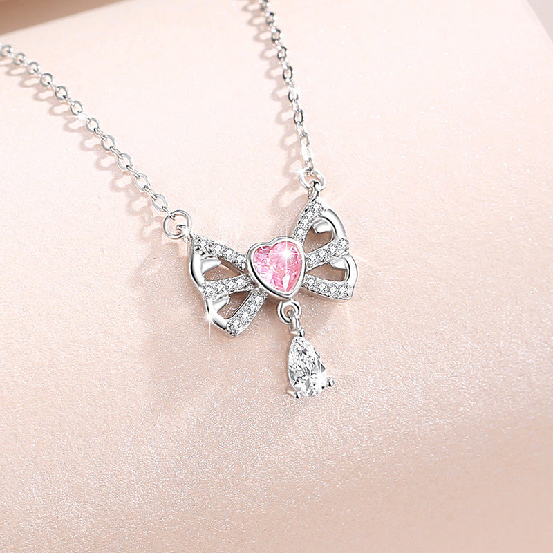 Bowknot Sterling Silver 925 Necklace Female Niche Design Light Luxury Pink Diamond Clavicle Chain Get Things Ins Style Love Pendant