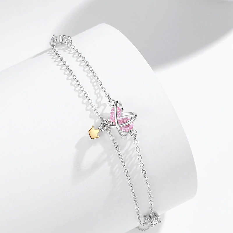 Planet Sterling Silver 925 Bracelet Women's Fashion All-Match Love Pink Diamond Bracelet Ins Style Star Crown Bracelet