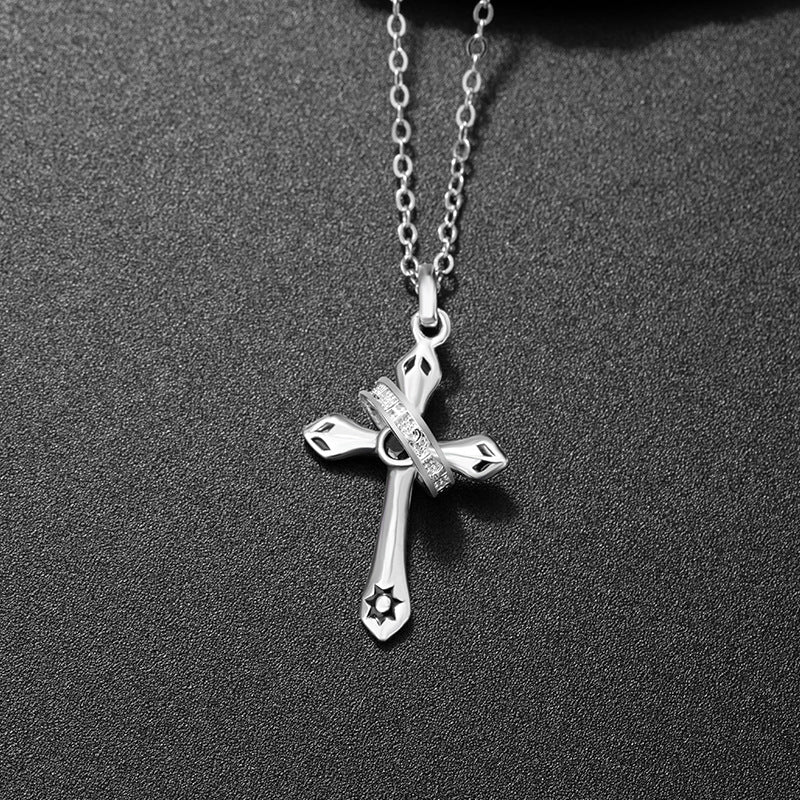 Cross Sterling Silver 925 Necklace Niche Design Light Luxury Hip Hop Clavicle Chain Retro Style Angel Guardian Pendant