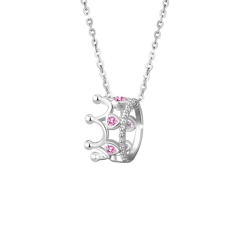 Crown Sterling Silver 925 Necklace Female Niche Design Light Luxury Pink Diamond Clavicle Chain Qixi Ins Style Love Pendant