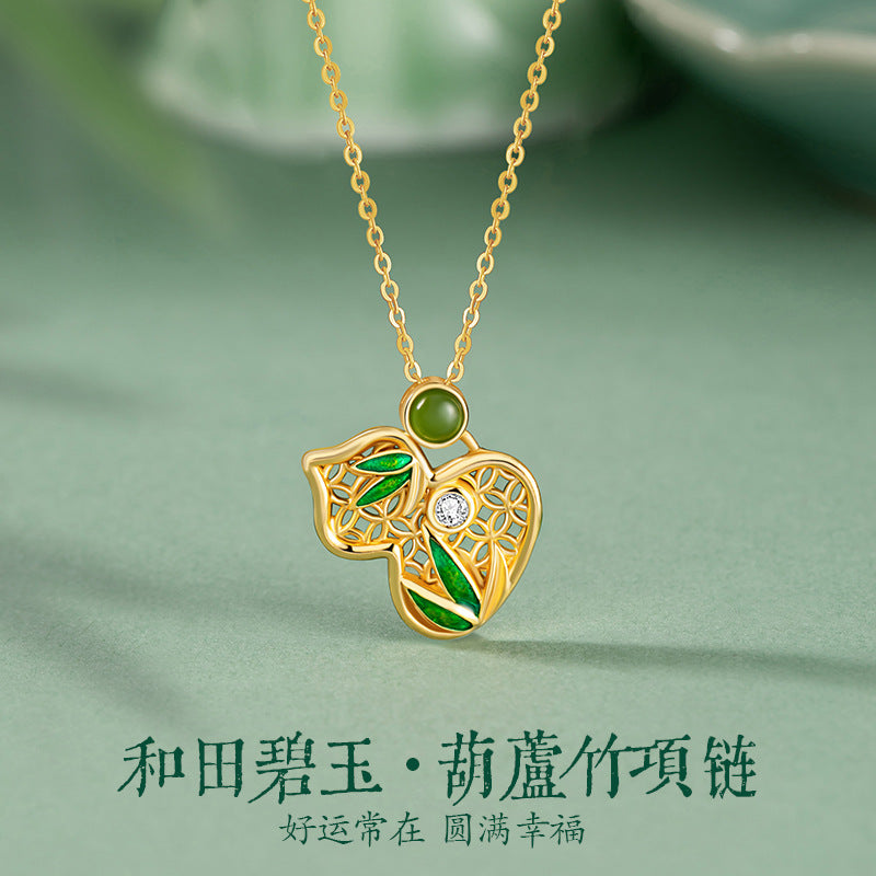 Fu Lu Double Full Sterling Silver 925 Hetian Jasper Necklace New Chinese Style National Fashion Bamboo Clavicle Chain Ins Style Gourd Pendant