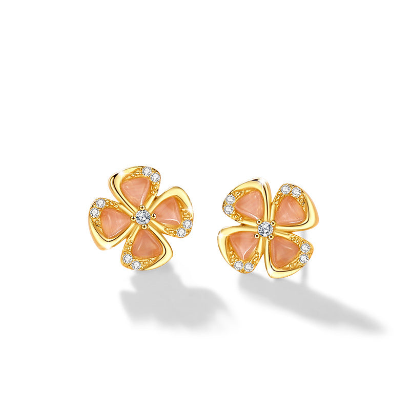 Lucky Clover Sterling Silver 925 Stud Earrings Women's Fashion All-Match Lovely Zircon Earrings Ins Style Flower Earrings