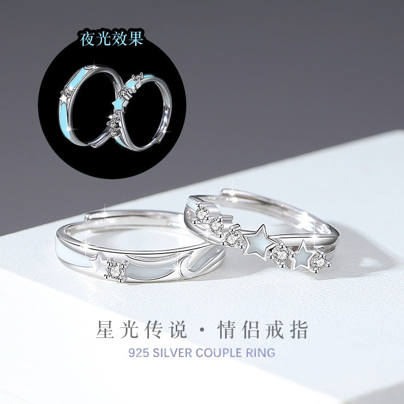 Star Luminous Sterling Silver 925 Couple Ring Men and Women Niche Design Light Luxury Zircon Ring Ins Star Ring