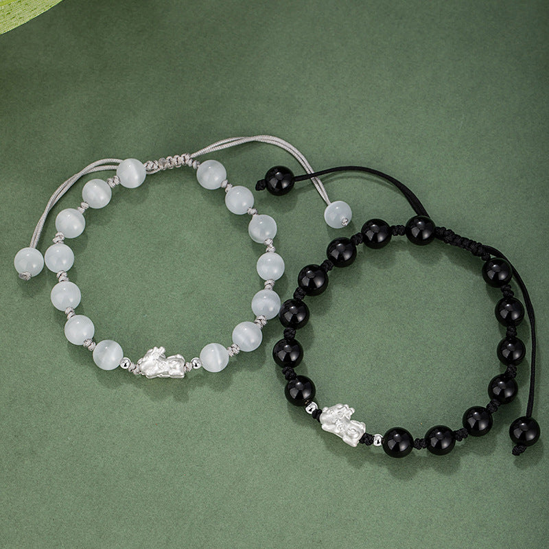 Pure Silver 999 Couple Bracelet Light Luxury High-Grade Opal Bracelet Valentine's Day Gift Black Agate Bracelet