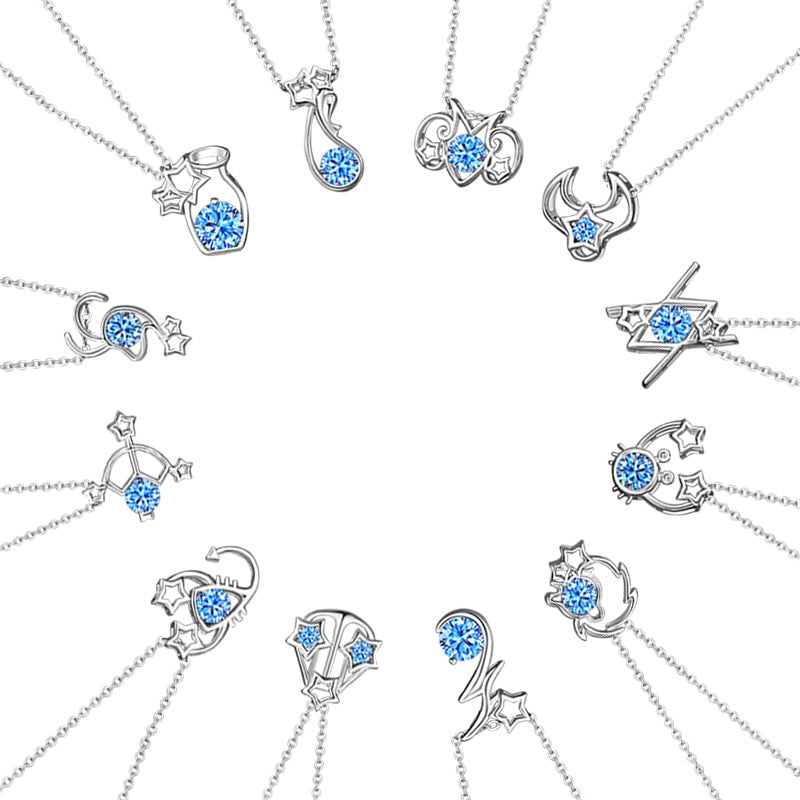 Original Twelve Constellation Sterling Silver 925 Necklace Female Niche Design Light Luxury Navy Blue Zirconium Clavicle Chain Star Pendant