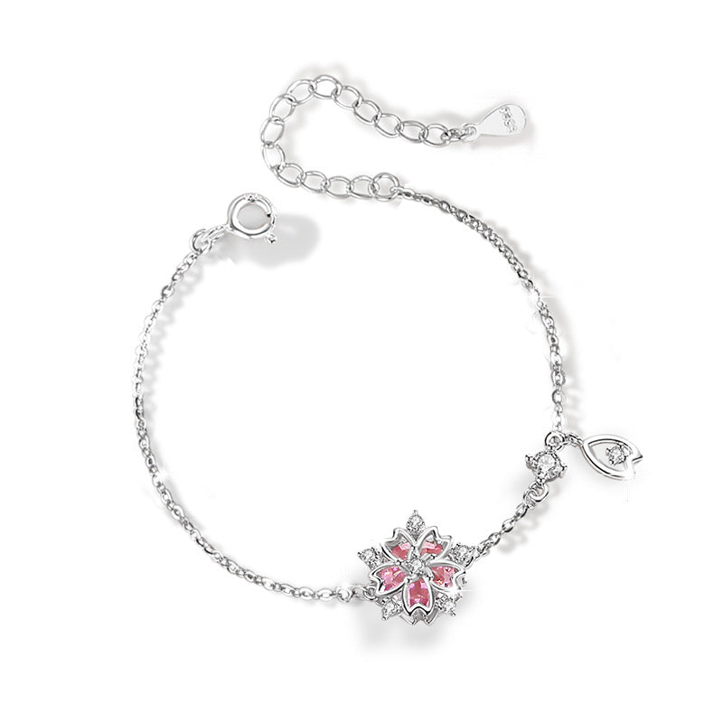 Cherry Blossom Sterling Silver S925 Bracelet Women's Fashion Versatile Pink Zircon Bracelet Ins Style Tassel Bracelet