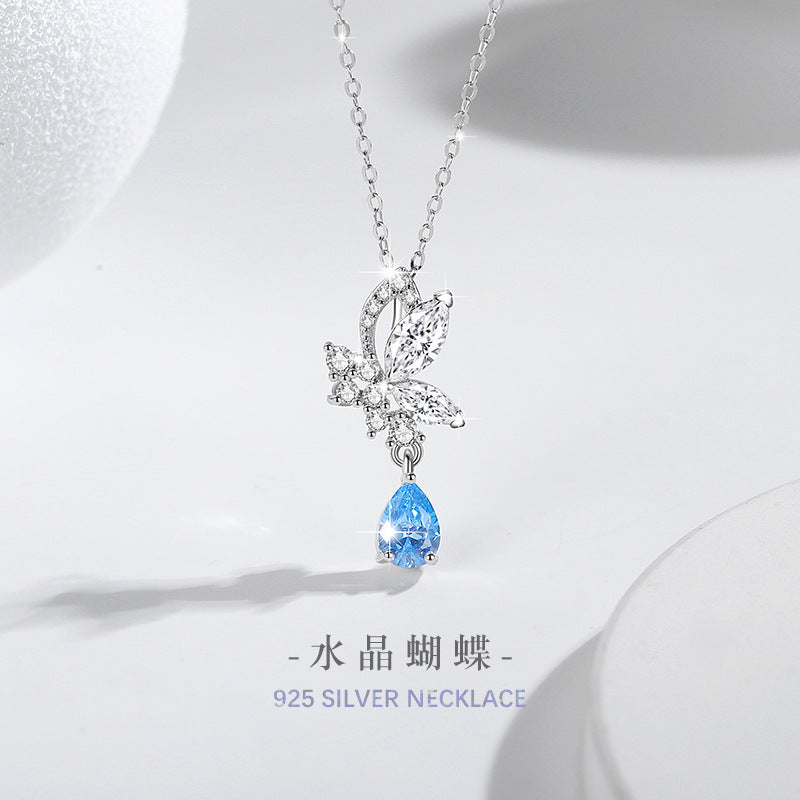 Butterfly Sterling Silver 925 Necklace Female Niche Design Light Luxury Water Drop Clavicle Chain Get Things Ins Style Zircon Pendant