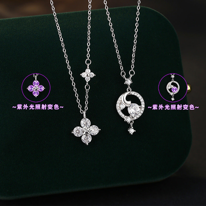 S925 Sterling Silver Necklace Female UV Photosensitive Color-Changing Clover Star Moon Pendant Creative Surprise Gift Clavicle Chain