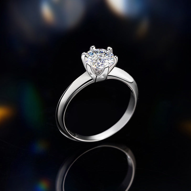Sterling Silver 925 Diamond Ring Women's Light Luxury High-Grade Moissanite Ring Classic 1 Karat Plain Ring 6-Claw Wedding Ring