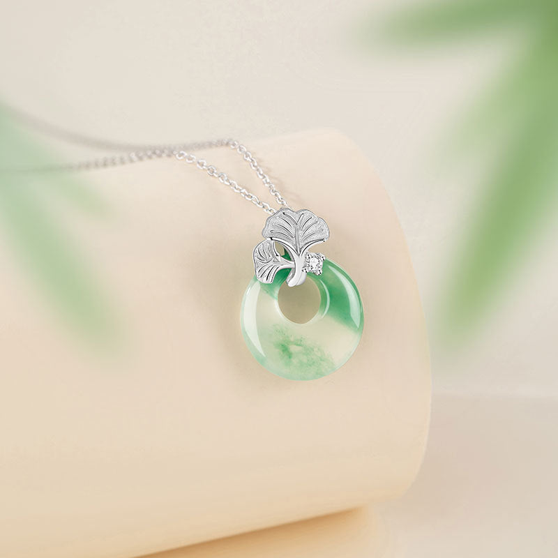 Sansheng Lucky Sterling Silver 925 Necklace Women's New Chinese Natural African Emerald Safety Buckle Clavicle Chain Ginkgo Leaf Pendant