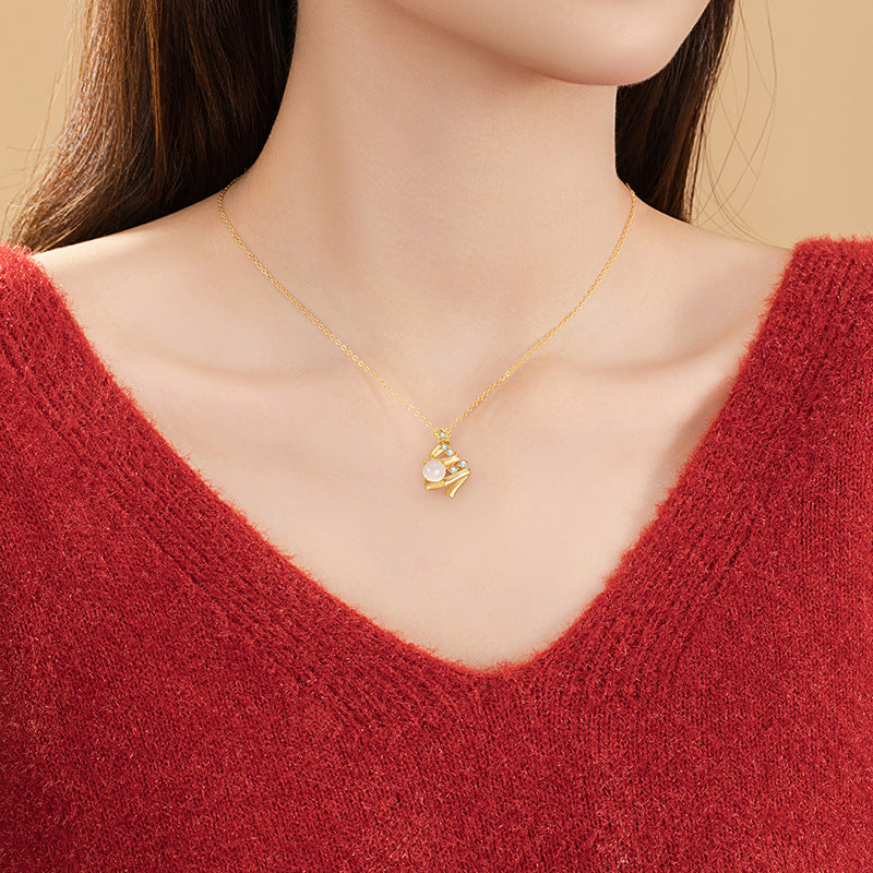 Christmas Tree Sterling Silver 925 Necklace Women's Light Luxury High-Grade Star Chalcedony Clavicle Chain Ins Style Wishing Tree Pendant