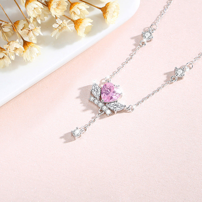 Angel Wings Sterling Silver 925 Necklace Women's Fashion All-Match Tassel Clavicle Chain Ins Get Love Zircon Pendant