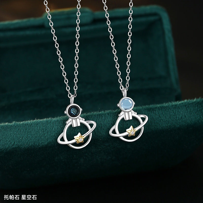 Niche S925 Sterling Silver Necklace Female Natural Topaz Astronaut Planet Clavicle Chain Couple Gift Light Luxury Silver Jewelry
