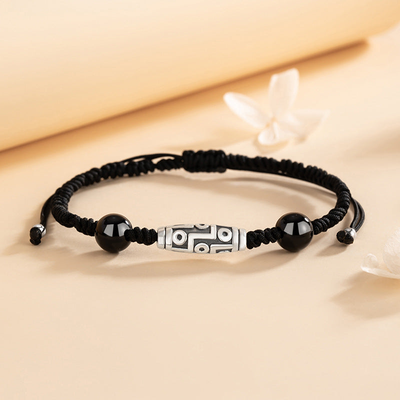 Nine-Eye Sky Beads Pure Silver 999 Couple's Hand Rope National Fashion Ethnic Style Lucky Beads Black Agate Hand Rope Tibetan Hand Rope