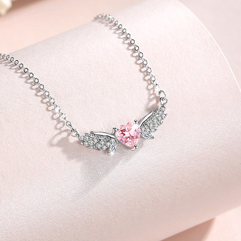 Angel Wings Sterling Silver 925 Necklace Women's Fashion Versatile Pink Zircon Clavicle Chain Valentine's Day Love Pendant