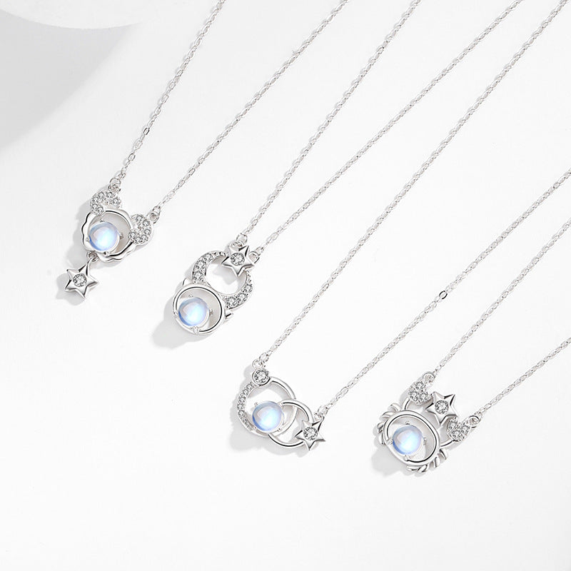 Twelve Constellation Sterling Silver 925 Necklace Female Niche Design Light Luxury Star Qixi Festival Dream Moonstone Pendant