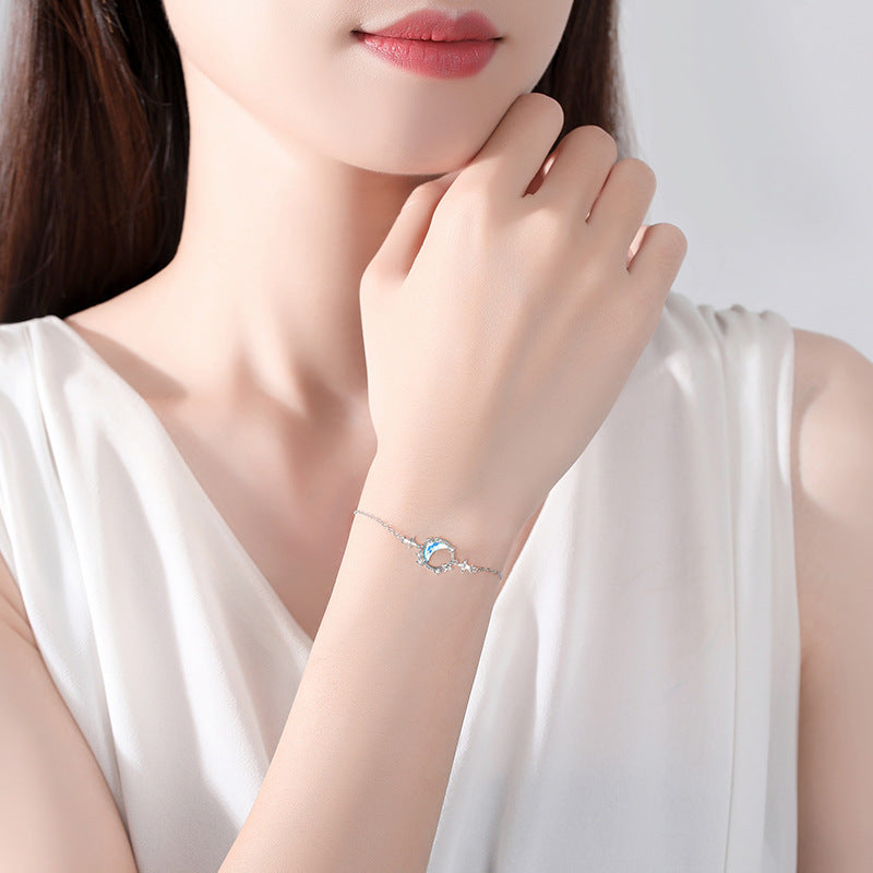 Moon Sterling Silver 925 Bracelet Women's Fashion All-Match Glass Stone Bracelet Ins Style Star Zircon Bracelet