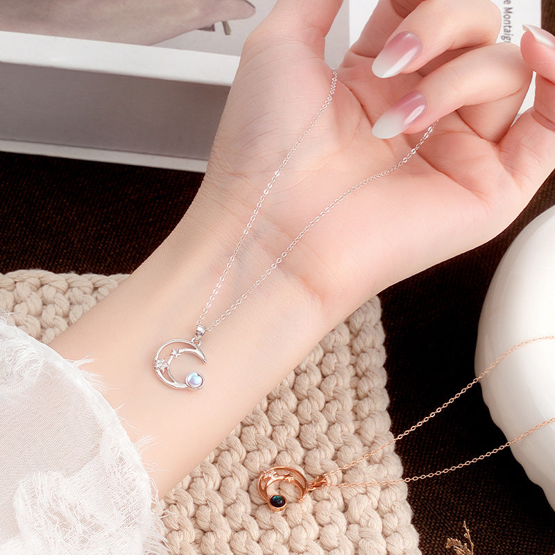 Original Design S925 Silver Star Moon Necklace Moonstone Starry Sky Stone Clavicle Chain Factory Wholesale Live Broadcast Jewelry Supply