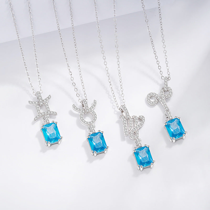 Lucky Twelve Constellation Sterling Silver 925 Necklace Niche Design Light Luxury Square Sugar Clavicle Chain Ins Style Zircon Pendant
