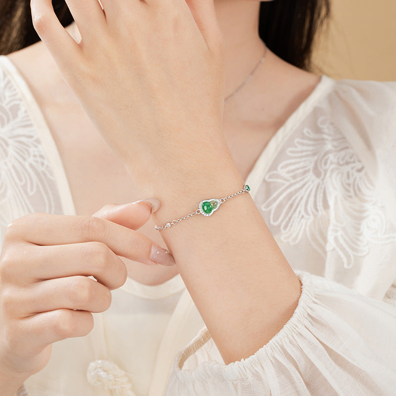 Gourd Sterling Silver 925 Bracelet Women's Light Luxury High-Grade Natural African Emerald Bracelet Ins Style Fu Lu Double Full Bracelet