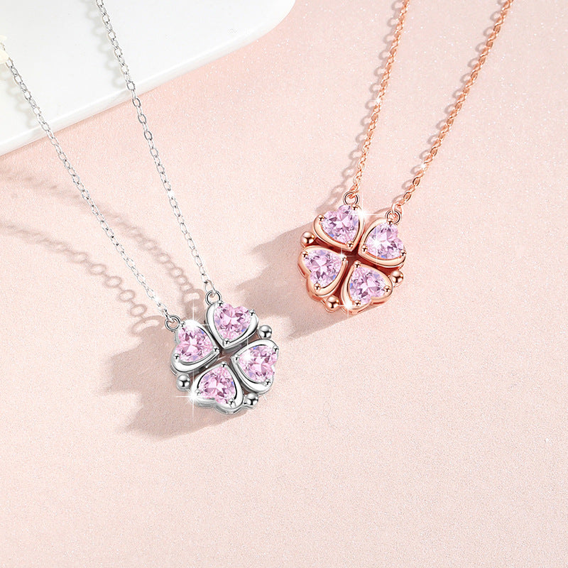 Heart-Shaped Magnetic Sterling Silver 925 Necklace for Women, Two-Strap Zircon Clavicle Chain, INS Lucky Clover Pendant