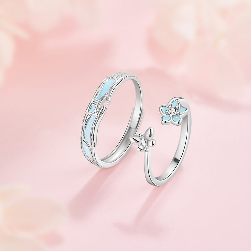 Butterfly Sterling Silver 925 Luminous Couple Ring Light Luxury High-Grade Flower Ring Ins Style Valentine's Day Peach Blossom Ring