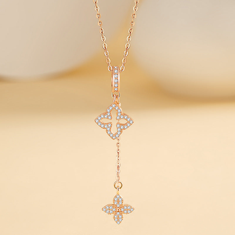 Clover Sterling Silver S925 Necklace Women's Simple Niche Design Flower Clavicle Chain in Style Tassel Star Pendant