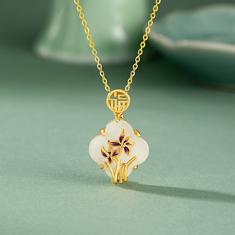 Original Orchid Sterling Silver 925 Hetian Jade Necklace New Chinese National Fashion Lucky Clavicle Chain Lucky Clover Pendant