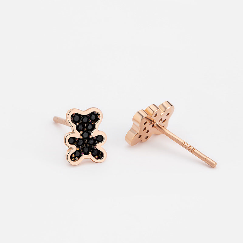 Cute Teddy Bear Sterling Silver 925 Stud Earrings Female Niche Design Light Luxury Full Diamond Zircon Earrings Ins Lovely Earrings