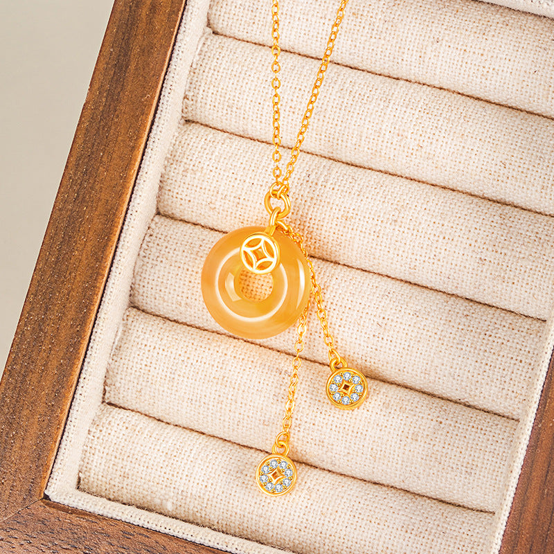 Coin Sterling Silver 925 Necklace Women's Fashion All-Match Sugar Onyx Peace Buckle Clavicle Chain Copper Coin Pendant