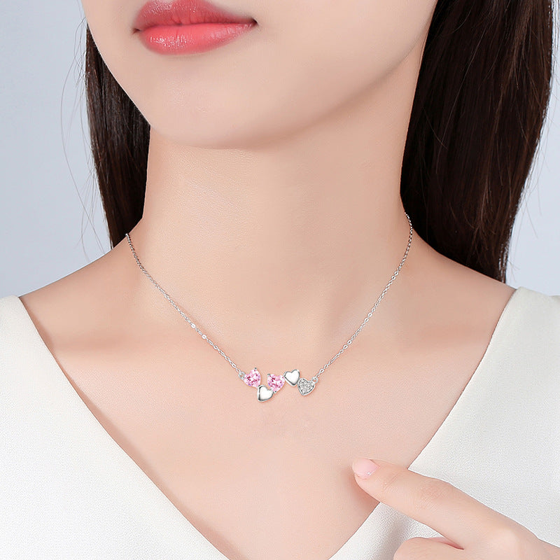 Lovely Sterling Silver 925 Necklace Female Niche Design Light Luxury Pink Zircon Clavicle Chain 520 Valentine's Day Pendant