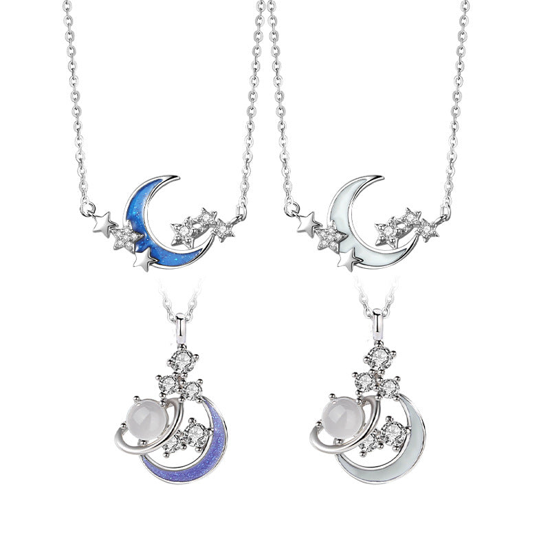 Luminous Enamel Craft S925 Sterling Silver Star Moon Necklace Female Moonstone White Agate Pendant Clavicle Chain Silver Jewelry Wholesale