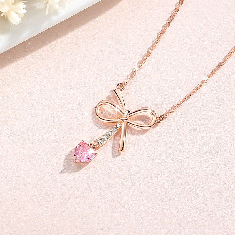 Bowknot Sterling Silver 925 Necklace Female Niche Design Light Luxury Pink Zircon Clavicle Chain Ins Style Love Pendant