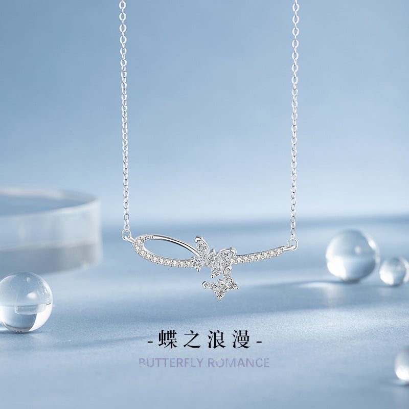 Butterfly Sterling Silver 925 Necklace Female Niche Design Light Luxury Star Zircon Clavicle Chain Ins Style Meteor Shower Pendant
