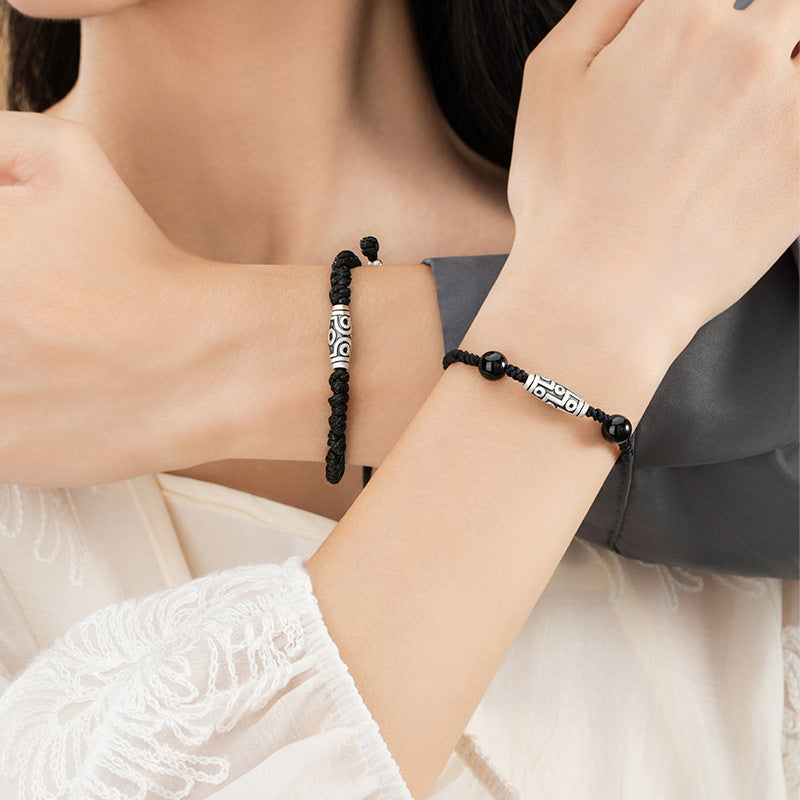 Nine-Eye Sky Beads Pure Silver 999 Couple's Hand Rope National Fashion Ethnic Style Lucky Beads Black Agate Hand Rope Tibetan Hand Rope