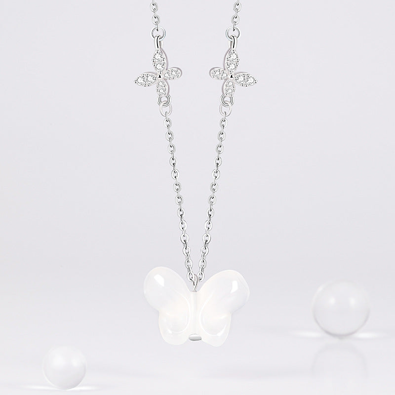 S925 Sterling Silver White Agate Butterfly Necklace Diamond-Embedded Clover Niche Design High-Grade Clavicle Chain Wholesale Delivery