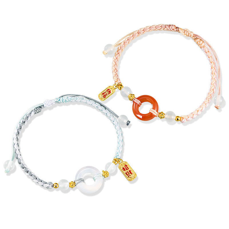 Tongxin Knot Sterling Silver S925 Couple Bracelet Men and Women Simple Chalcedony Bracelet New Chinese Style Safety Buckle Lucky Bracelet