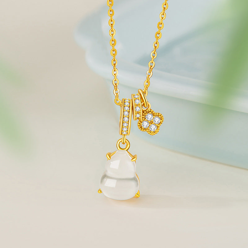 Lucky Clover Sterling Silver 925 Necklace Women's New Chinese National Fashion Natural Water Foam Jade Clavicle Chain Ins Gourd Pendant