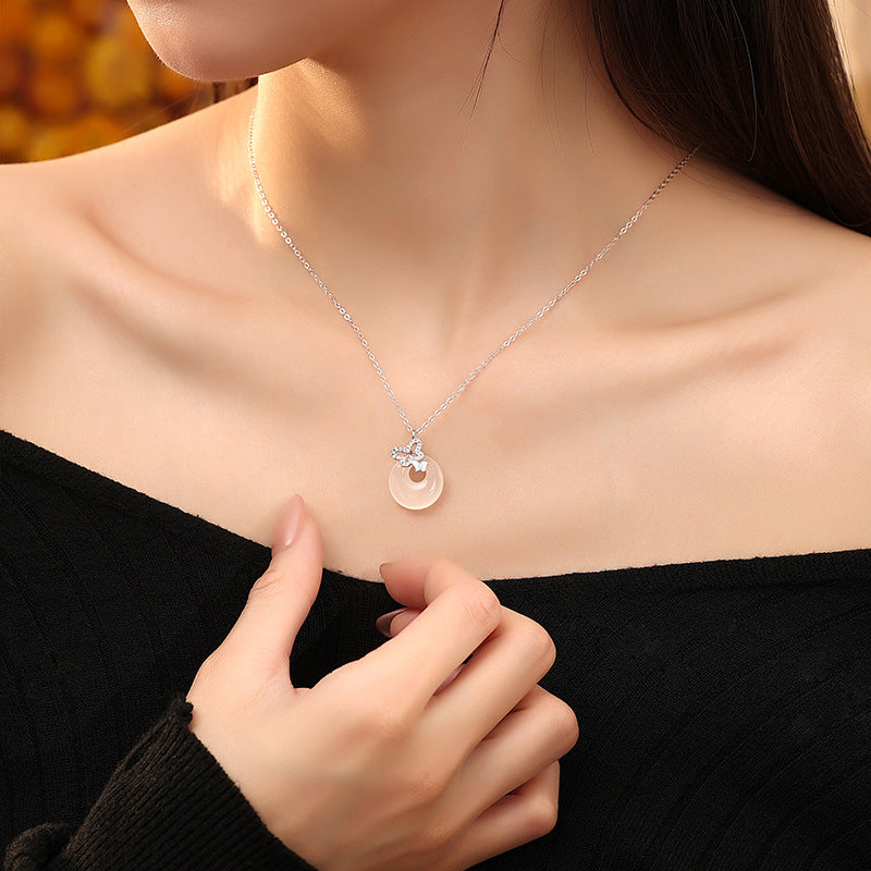 S925 Sterling Silver Necklace Women's Natural White Chalcedony Safety Buckle Butterfly Pendant National Style Women's Birthday Gift Clavicle Chain