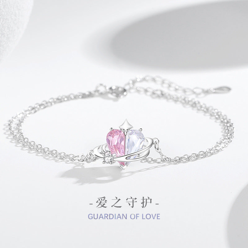 Women's Heart-Shaped Sterling Silver 925 Bracelet Fashionable All-Match Pink Diamond Star Bracelet Ins Style Planet Zircon Bracelet