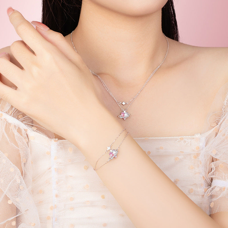 Women's Heart-Shaped Sterling Silver 925 Bracelet Fashionable All-Match Pink Diamond Star Bracelet Ins Style Planet Zircon Bracelet