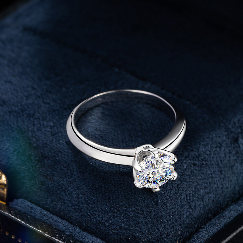 Sterling Silver 925 Diamond Ring Women's Light Luxury High-Grade Moissanite Ring Classic 1 Karat Plain Ring 6-Claw Wedding Ring
