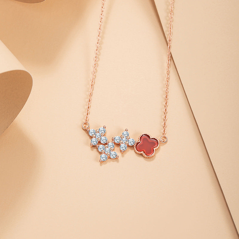 Lucky Clover Sterling Silver 925 Necklace Women's Fashion Versatile Red Agate Clavicle Chain Ins Style Flower Pendant
