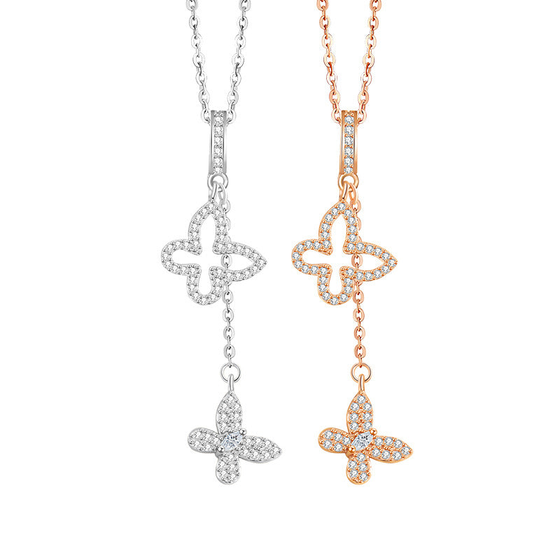 Butterfly Sterling Silver 925 Necklace Women's Simple Fashion Zircon Ring Clavicle Chain Ins Style Tassel Clover Pendant