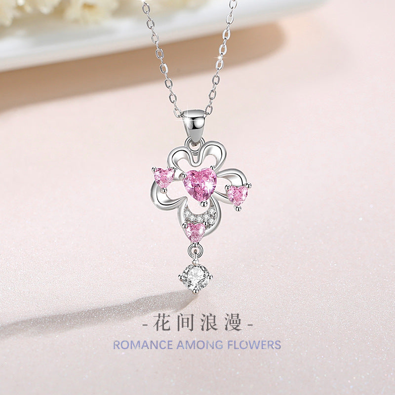 Flower Sterling Silver 925 Necklace Female Niche Design Light Luxury Tassel Clavicle Chain Get Things Ins Pink Love Pendant