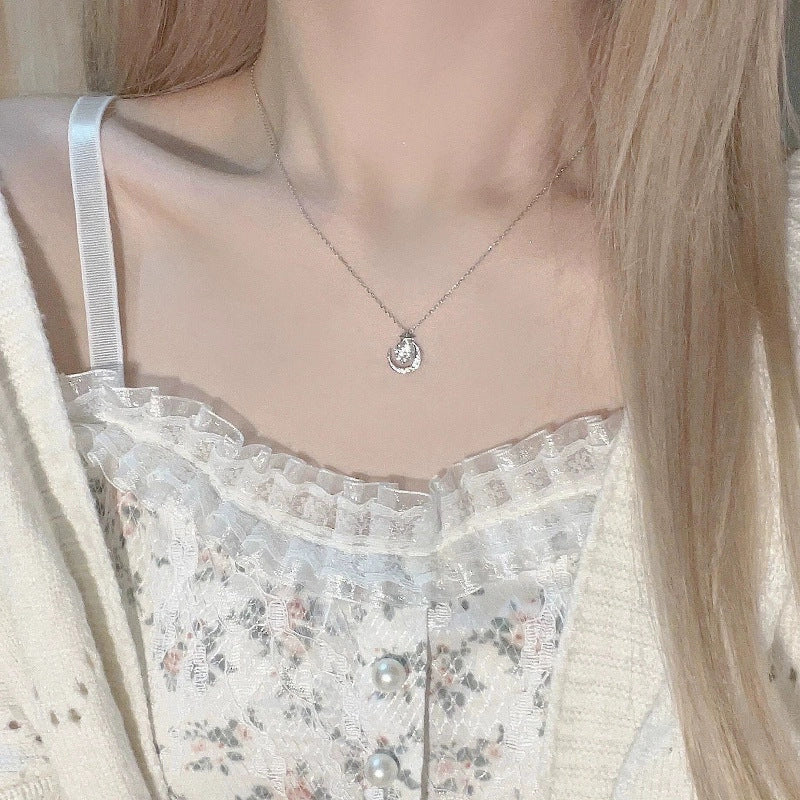 Star Pure Silver 999 Necklace Female Niche Design Light Luxury Zircon Clavicle Chain Internet Celebrity Hot Selling Ins Moon Pendant