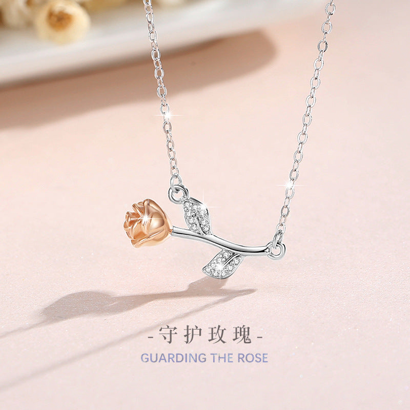 Rose Sterling Silver 925 Necklace for Women, Niche Design, Light Luxury Zircon Clavicle Chain, INS Style Flower Pendant