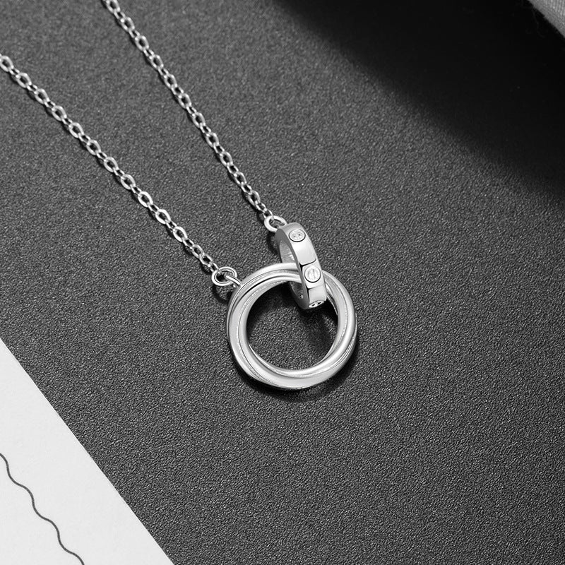 Mobius Ring Pure Silver 999 Necklace Fashion Versatile Double Ring Clavicle Chain Ins Style Ring Buckle Pendant